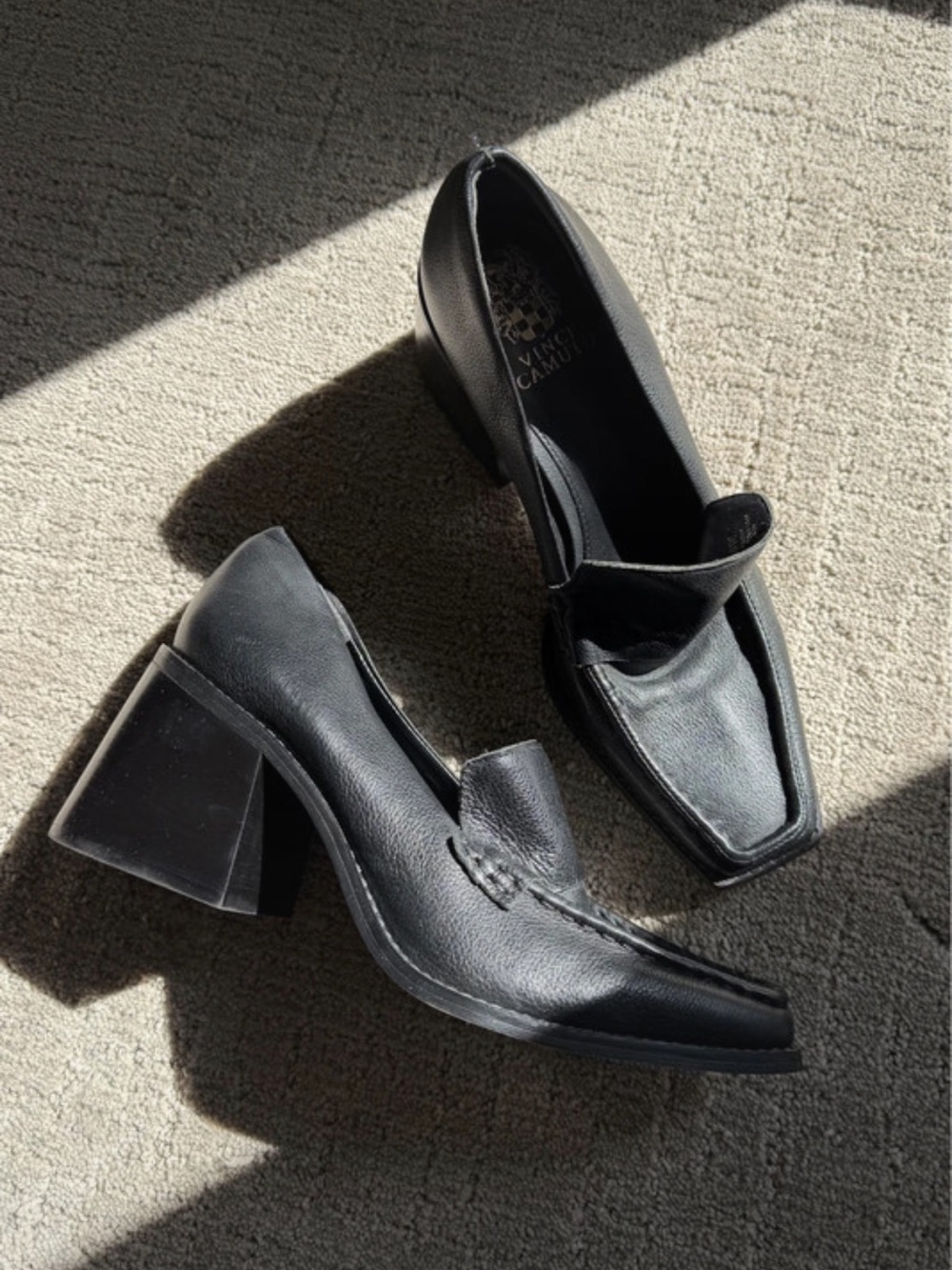 Vince Camuto Black Leather Block Heel Loafers